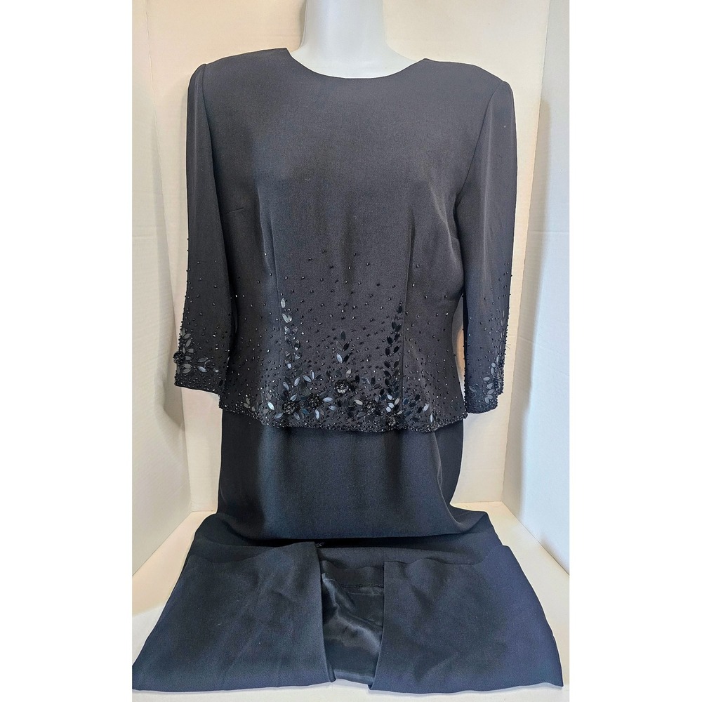 VTG 90s Liz Claiborne Collection Black Beaded 3/4 Slv Cocktail 2-Fer Dress SZ 6